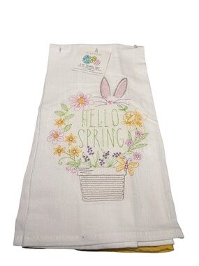 Hello Spring Easter Embroidered Flour Sack & Waffle Dish Towel Set 2 NWT